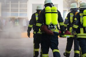 Firefighters on duty at a site where a fire has broke out.